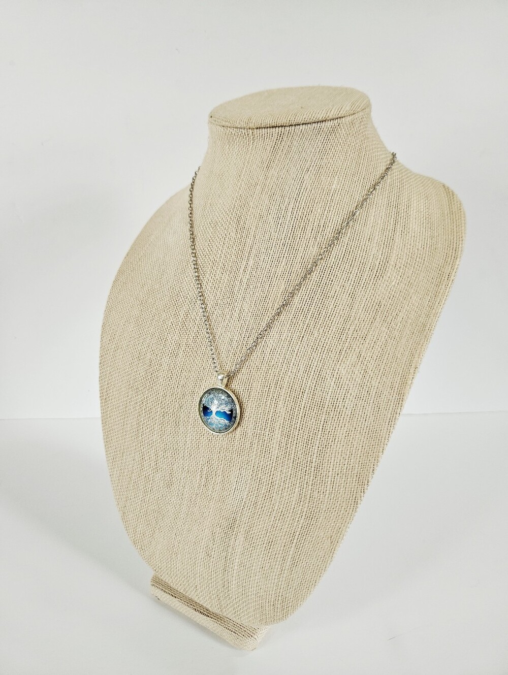 Tree Of Life Celtic Blue Domed Glass Round Cabochon Silver Tone Pendant Necklace - Picture 4 of 11